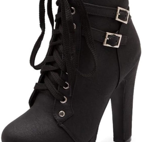 Womens Autumn Lace Up Ankle Buckle High Heel Boots Size 10 Black Platform Boots - Picture 4 of 8